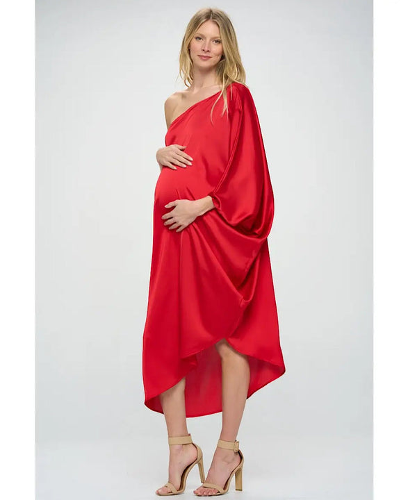 The Allegra Satin One-Shoulder Dress (Red)