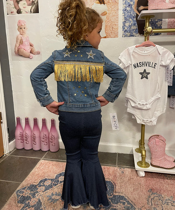 Denim Fringe Sparkle Jacket - Gold