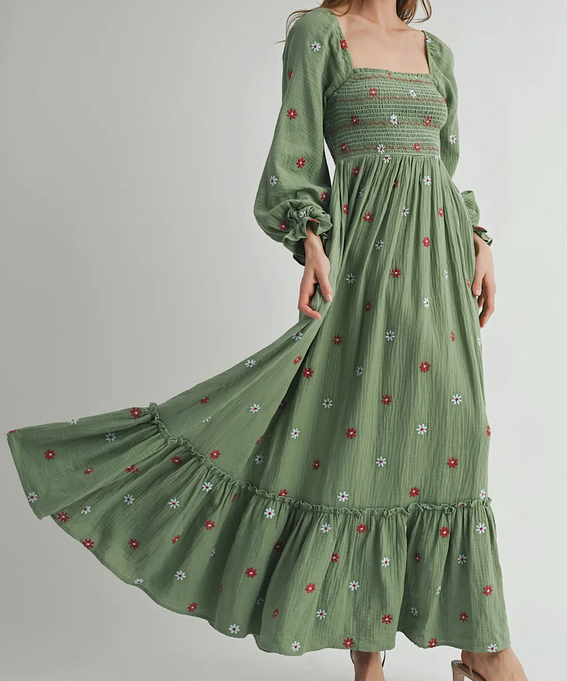 The Amber Embroidered Smock Long Maxi Dress (Pistachio)