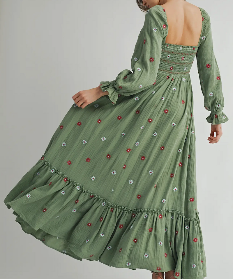 The Amber Embroidered Smock Long Maxi Dress (Pistachio)