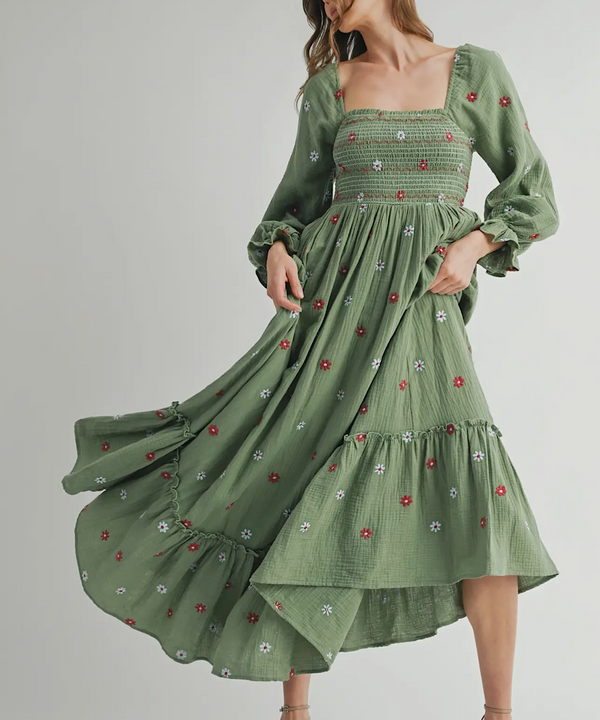 The Amber Embroidered Smock Long Maxi Dress (Pistachio)