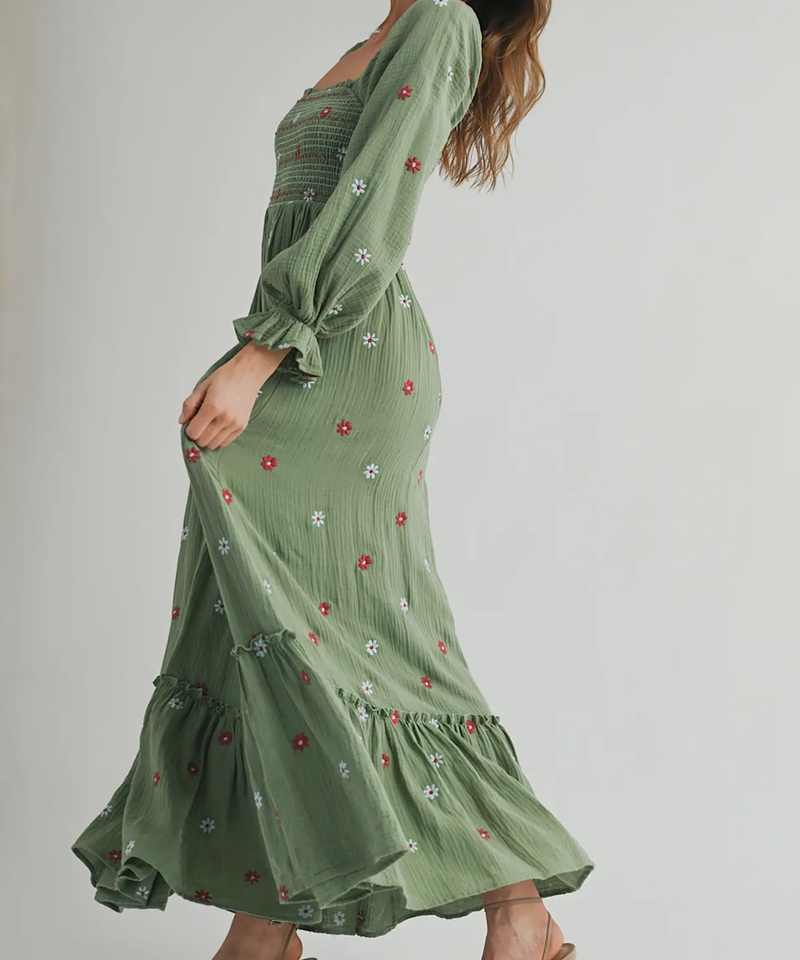The Amber Embroidered Smock Long Maxi Dress (Pistachio)