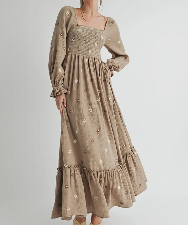 The Amber Embroidered Smock Long Maxi Dress (Grey Taupe)
