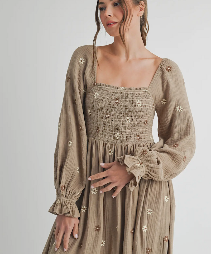 The Amber Embroidered Smock Long Maxi Dress (Grey Taupe)