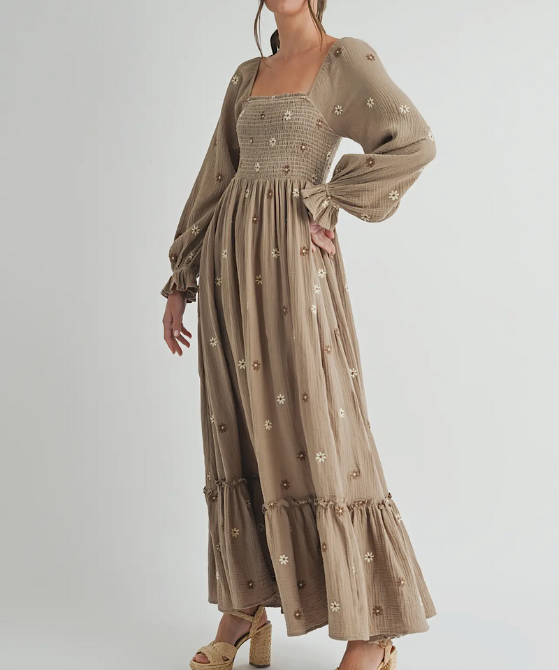 The Amber Embroidered Smock Long Maxi Dress (Grey Taupe)