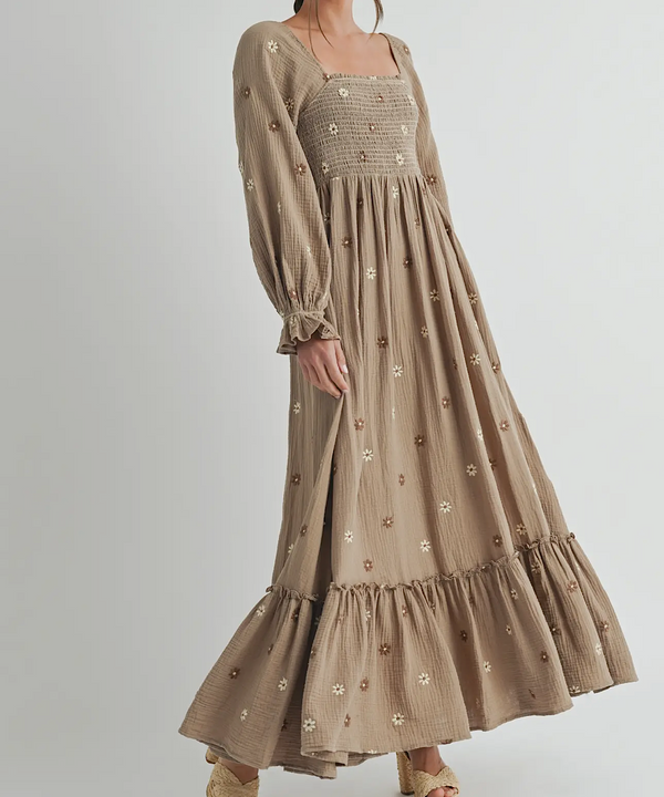 The Amber Embroidered Smock Long Maxi Dress (Grey Taupe)