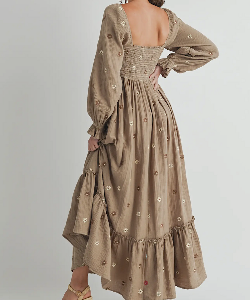 The Amber Embroidered Smock Long Maxi Dress (Grey Taupe)
