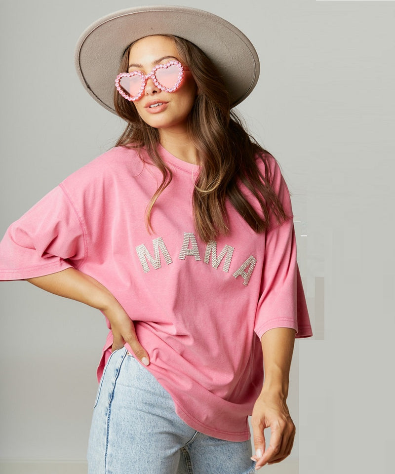The Mama Rhinestone Oversized Tee (Pink)