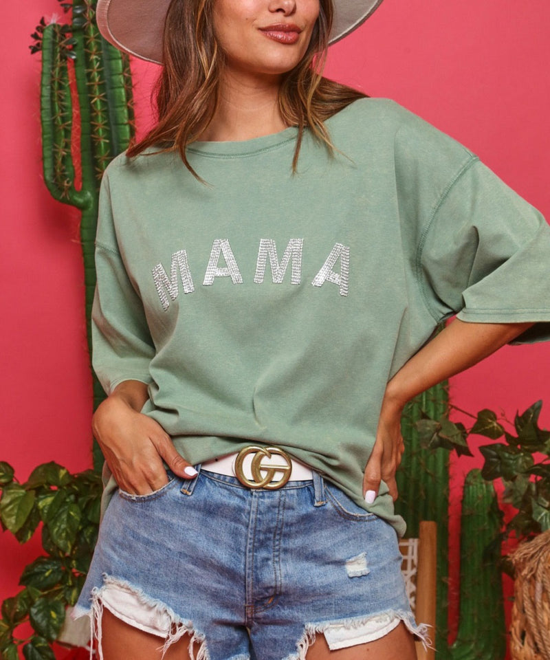 MAMA Rhinestone Oversized Tee (Sage)