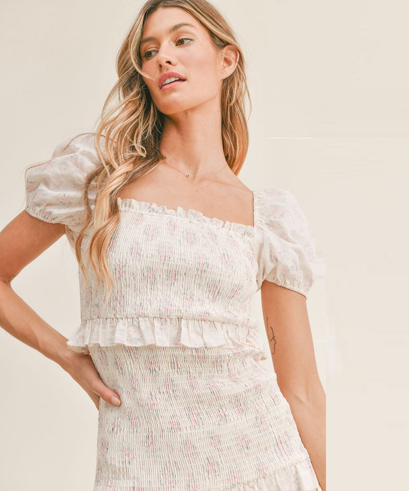 The Layla Smocked Midi Dress (Pink/White)