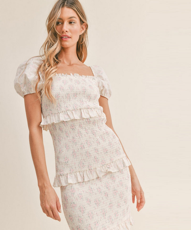 The Layla Smocked Midi Dress (Pink/White)