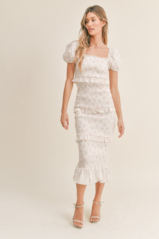 The Layla Smocked Midi Dress (Pink/White)